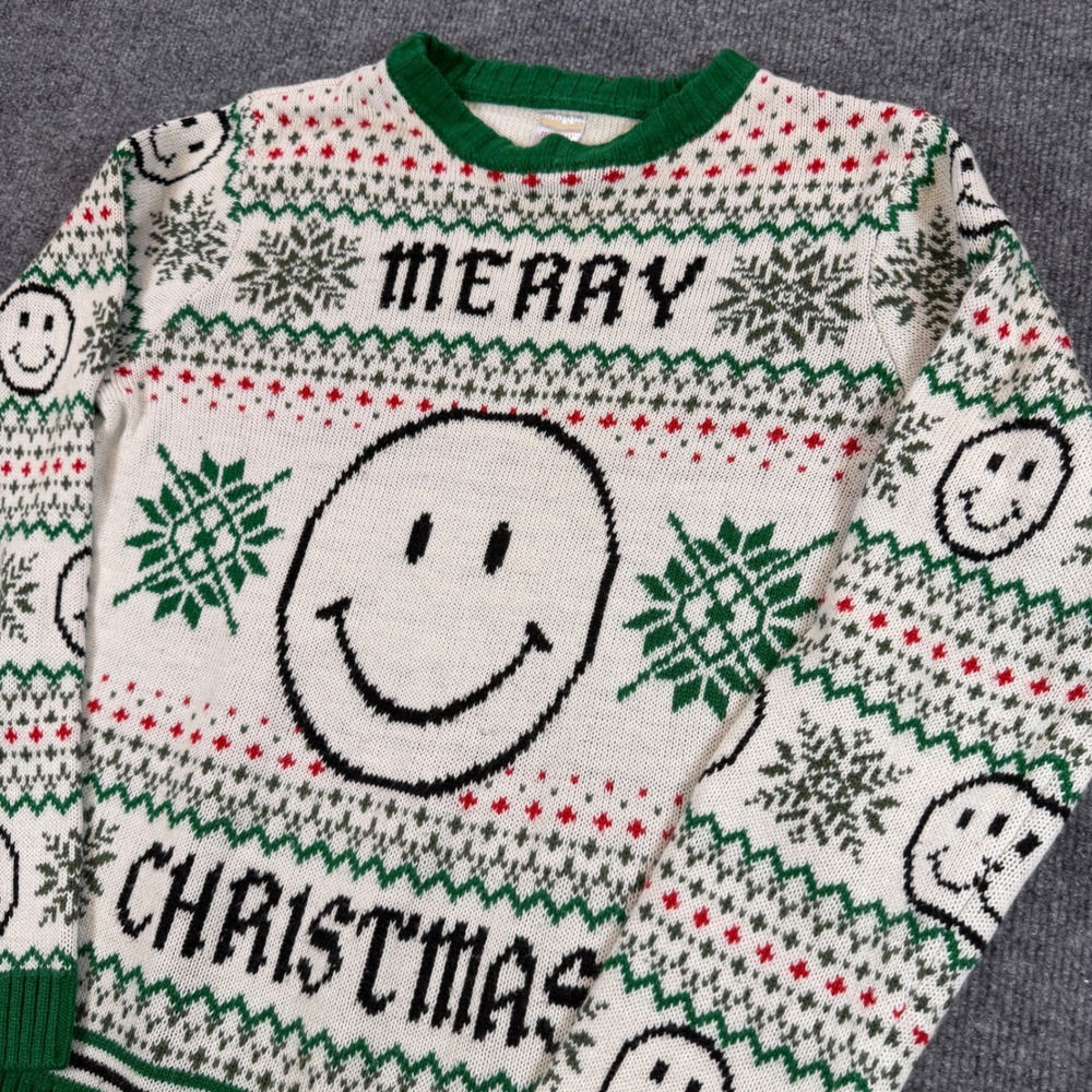 Holiday Time Smiley Face Fair Isle Knit White Sweater XL 14-16 Festive